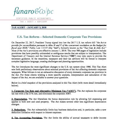 U.S. Tax Reform - Selected Domestic Corporate Tax Provisions