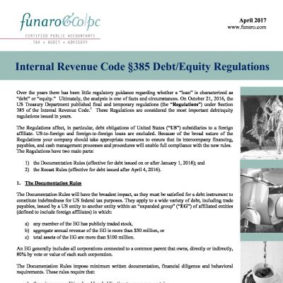 Internal Revenue Code 385 Debt/Equity Regulations