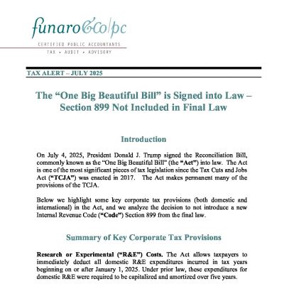 The “One Big Beautiful Bill” is Signed into Law – Section 899 Not Included in Final Law