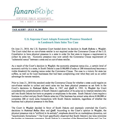 U.S. Supreme Court Adopts Economic Presence Standard  in Landmark State Sales Tax Case